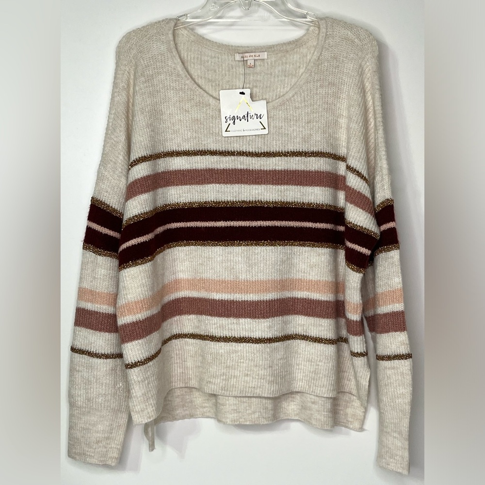 Skies Are Blue Signature Blush Gold Cream Color Womens L Hi Low Pullover Sweater